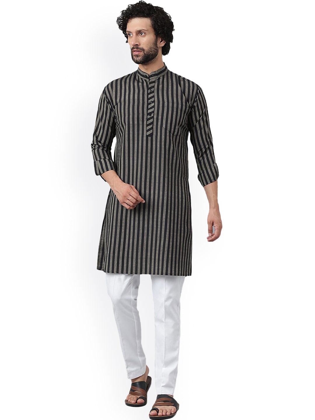 

RIAG Striped Mandarin Collar Kurta, Black