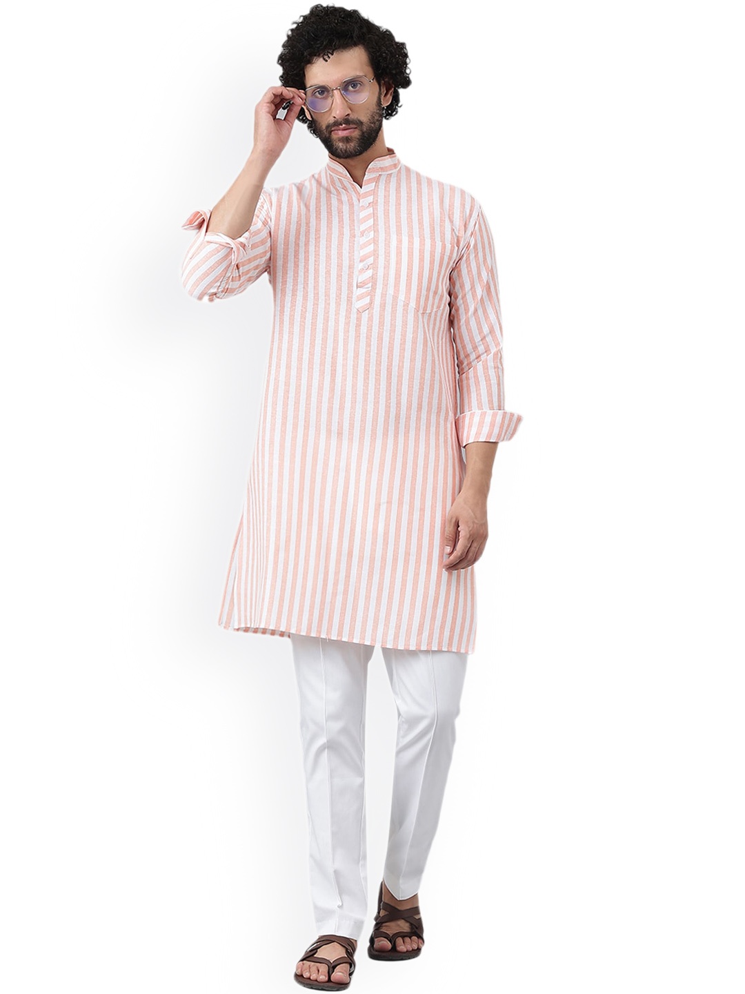 

RIAG Striped Mandarin Collar Long Sleeves Cotton Kurta, Peach