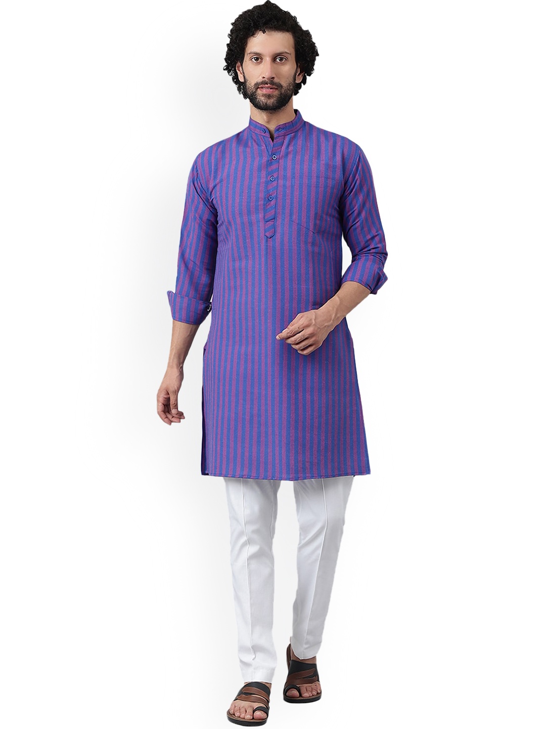 

RIAG Striped Mandarin Collar Long Sleeves Cotton Kurta, Blue