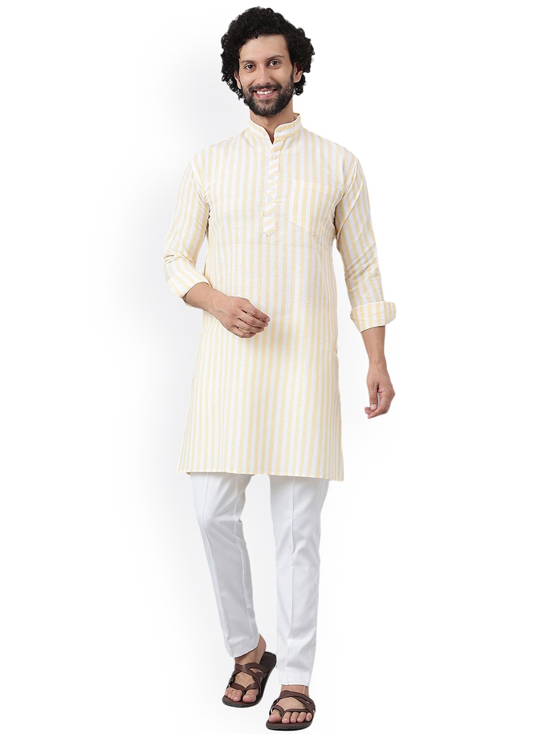 

RIAG Striped Mandarin Collar Long Sleeves Cotton Kurta, Beige