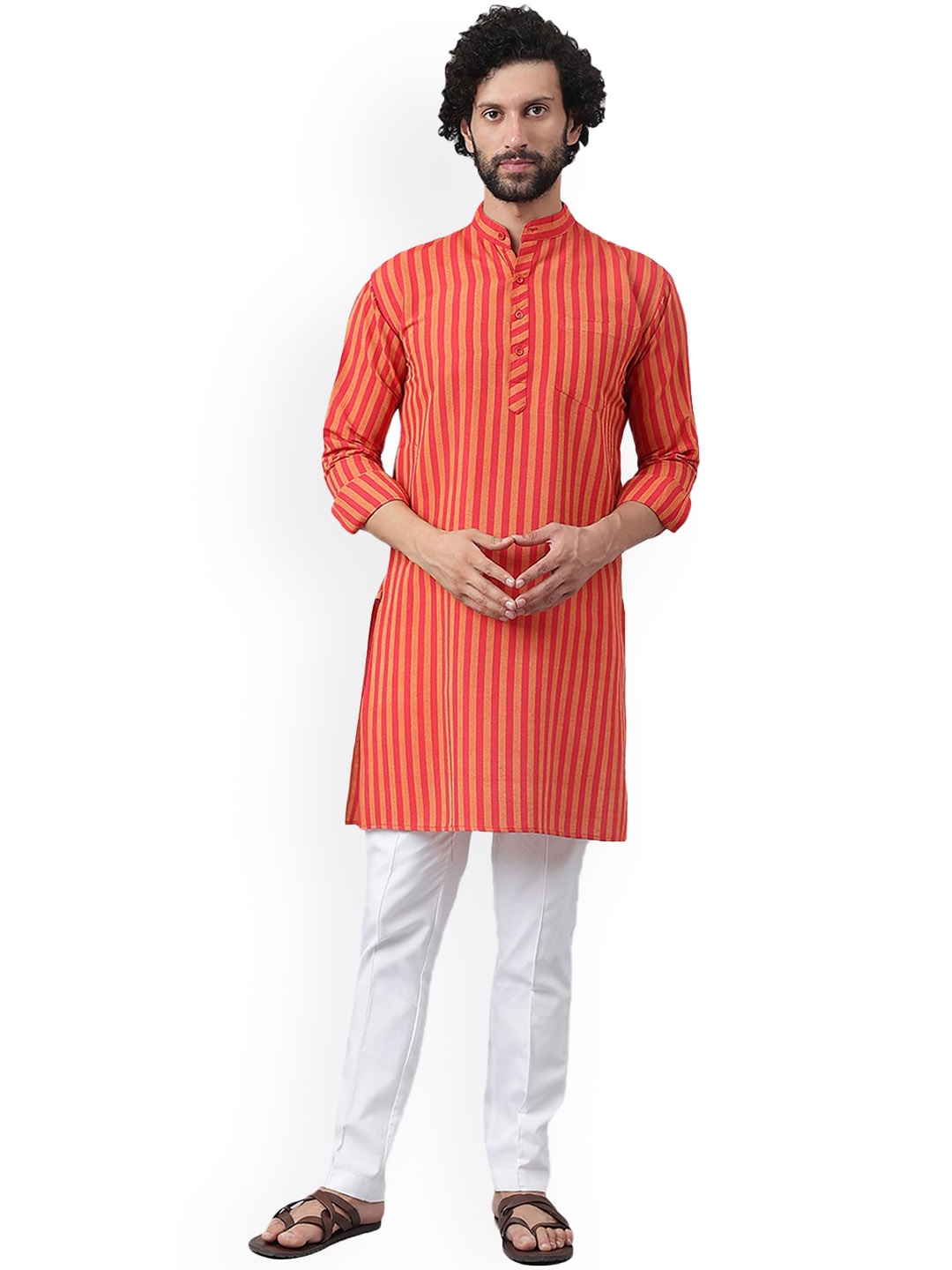 

RIAG Striped Mandarin Collar Long Sleeves Cotton Kurta, Red