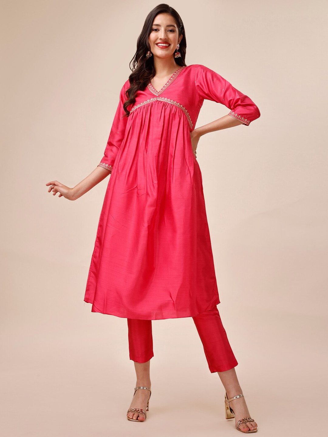 

Inddus Mukaish Embroidered Yoke Design A-Line Kurta With Trousers, Pink