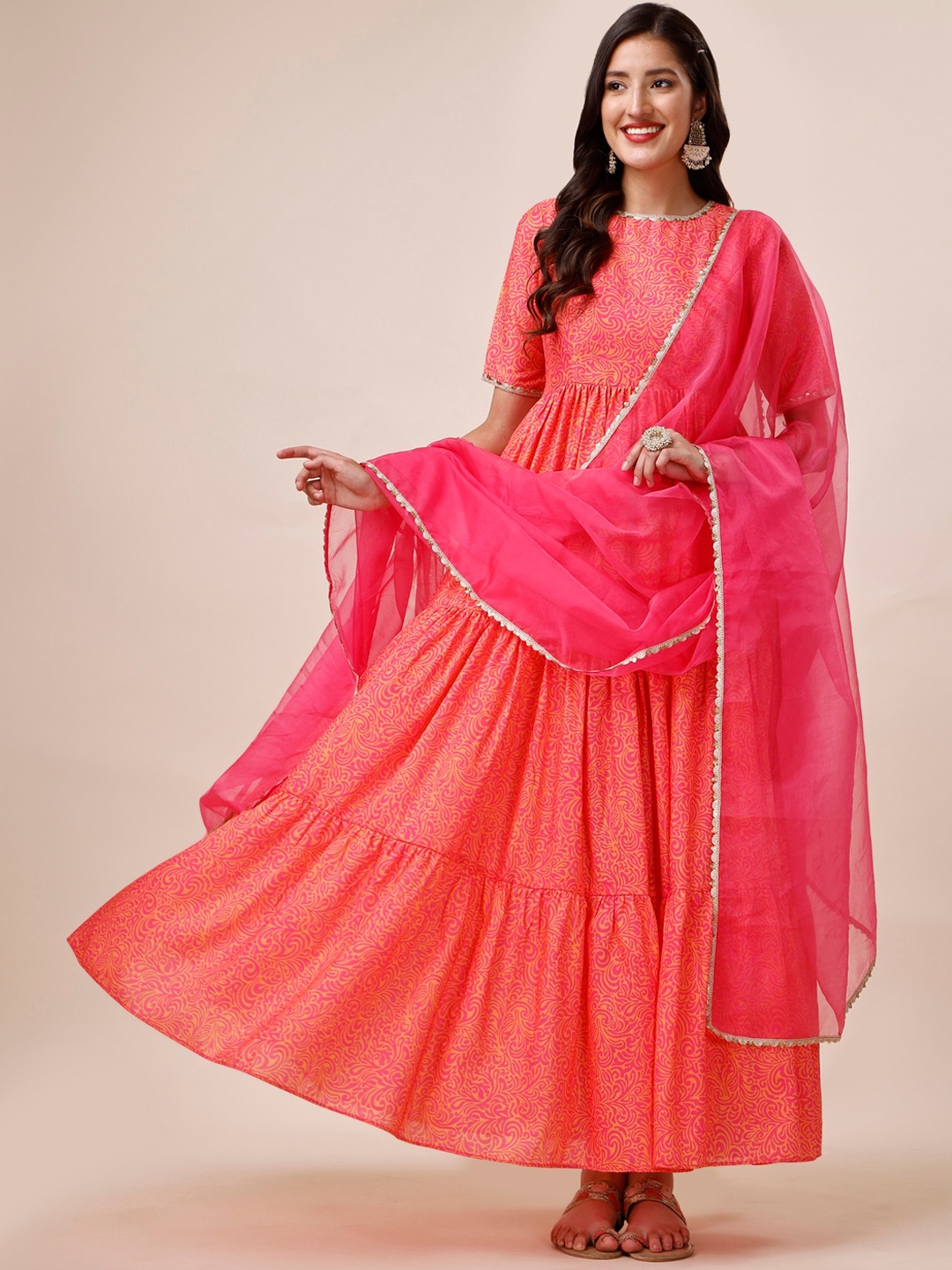 

Inddus Orange & Pink Floral Printed Gotta Patti Tiered Kurta With Dupatta