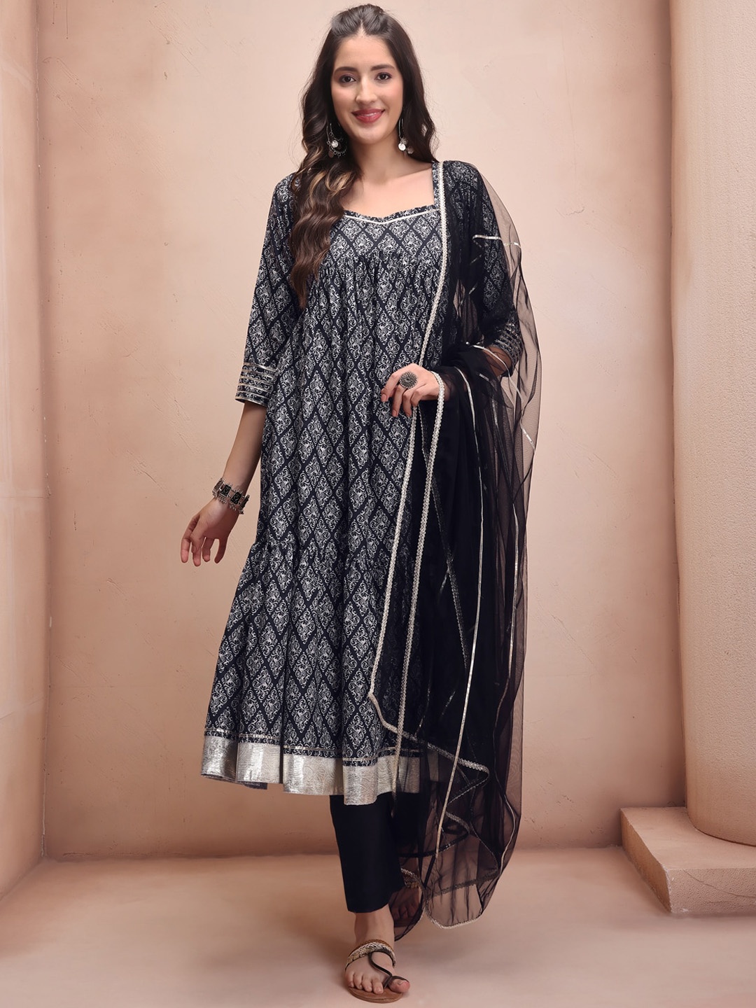 

Inddus Ethnic Motifs Printed Gotta Patti A-Line Kurta With Trousers & Dupatta, Black