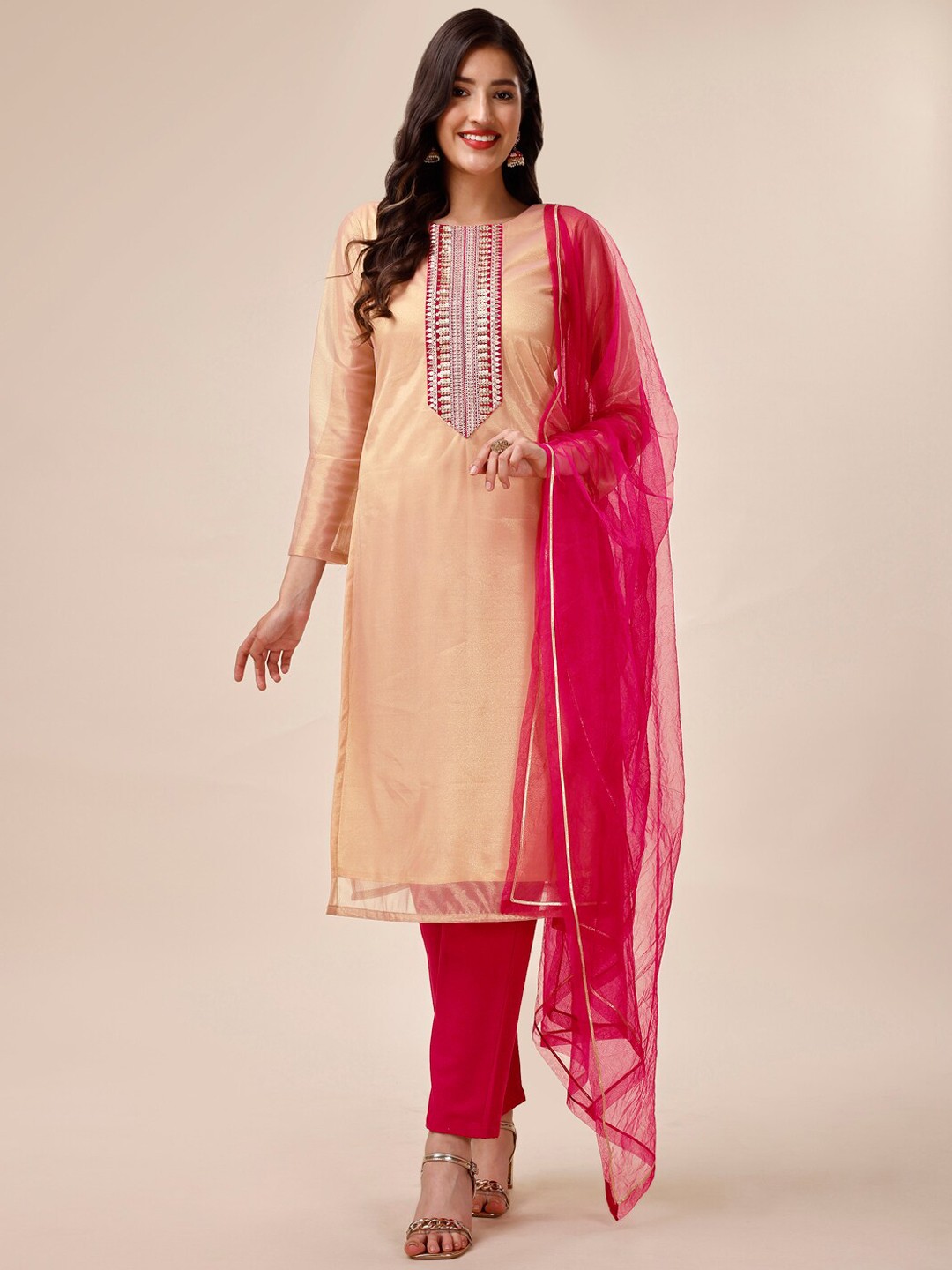 

Inddus Ethnic Motifs Yoke Design Sequined Kurta With Trousers & Dupatta, Cream