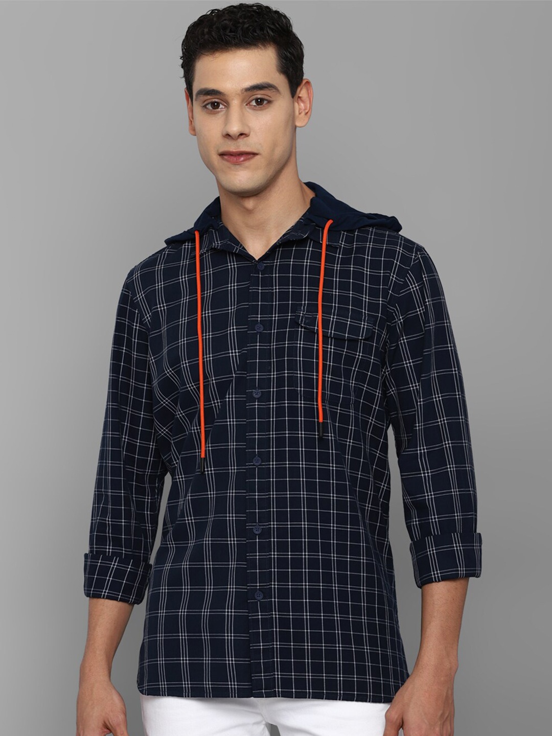 

Allen Solly Sport Tartan Checked Hooded Casual Cotton Shirt, Navy blue