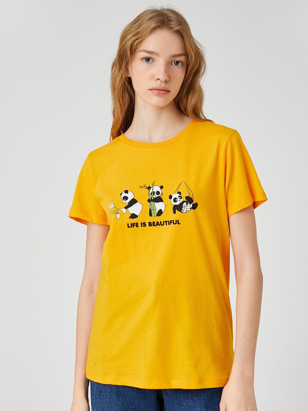 Koton Panda Printed T-shirt, Yellow