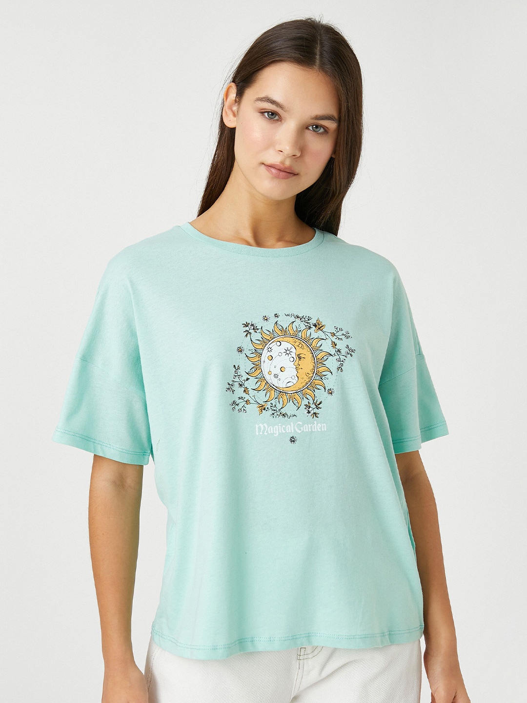 

Koton Graphic Printed Drop Shoulder Sleeves Pure Cottton T-shirt, Turquoise blue