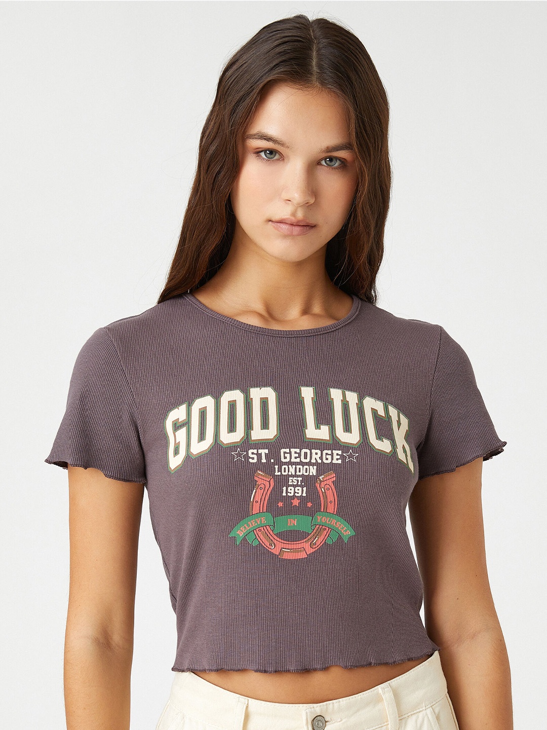 

Koton Typography Printed Crop T-shirt, Purple