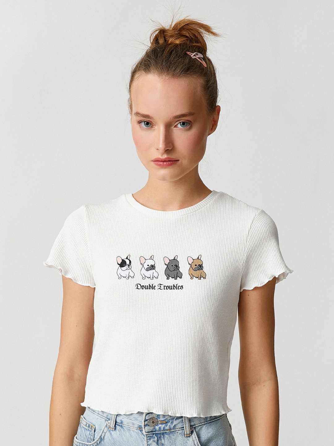 

Koton Graphic Printed Crop T-shirt, Beige