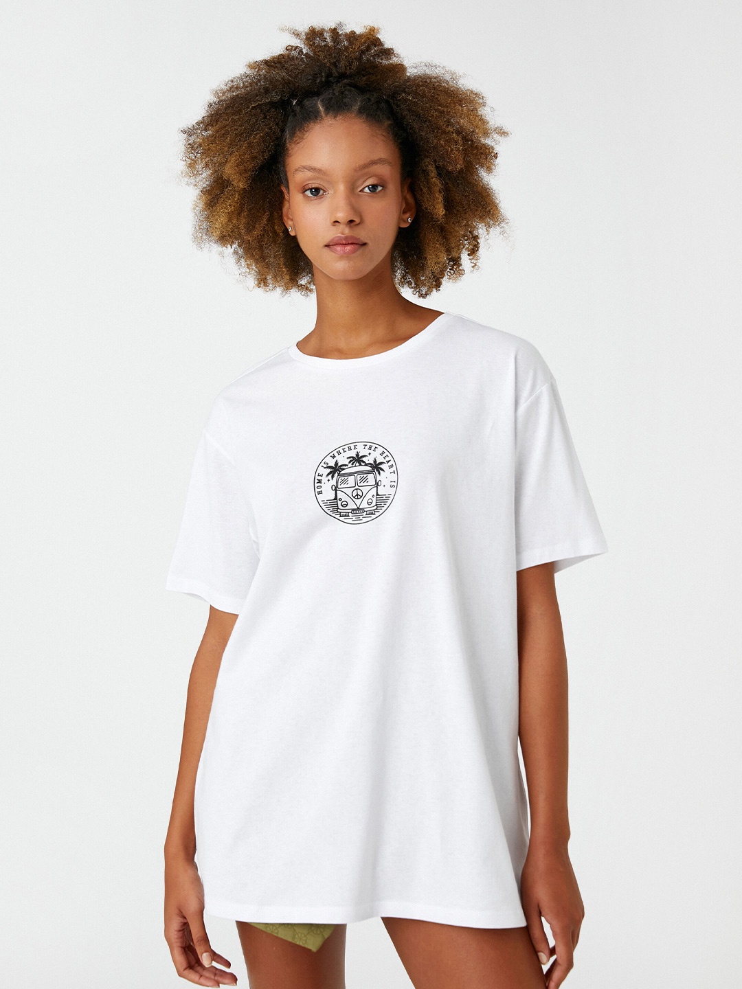 Koton Graphic Printed Drop Shoulder Sleeves Pure Cotton Relaxed Fit Longline T-shirt, White