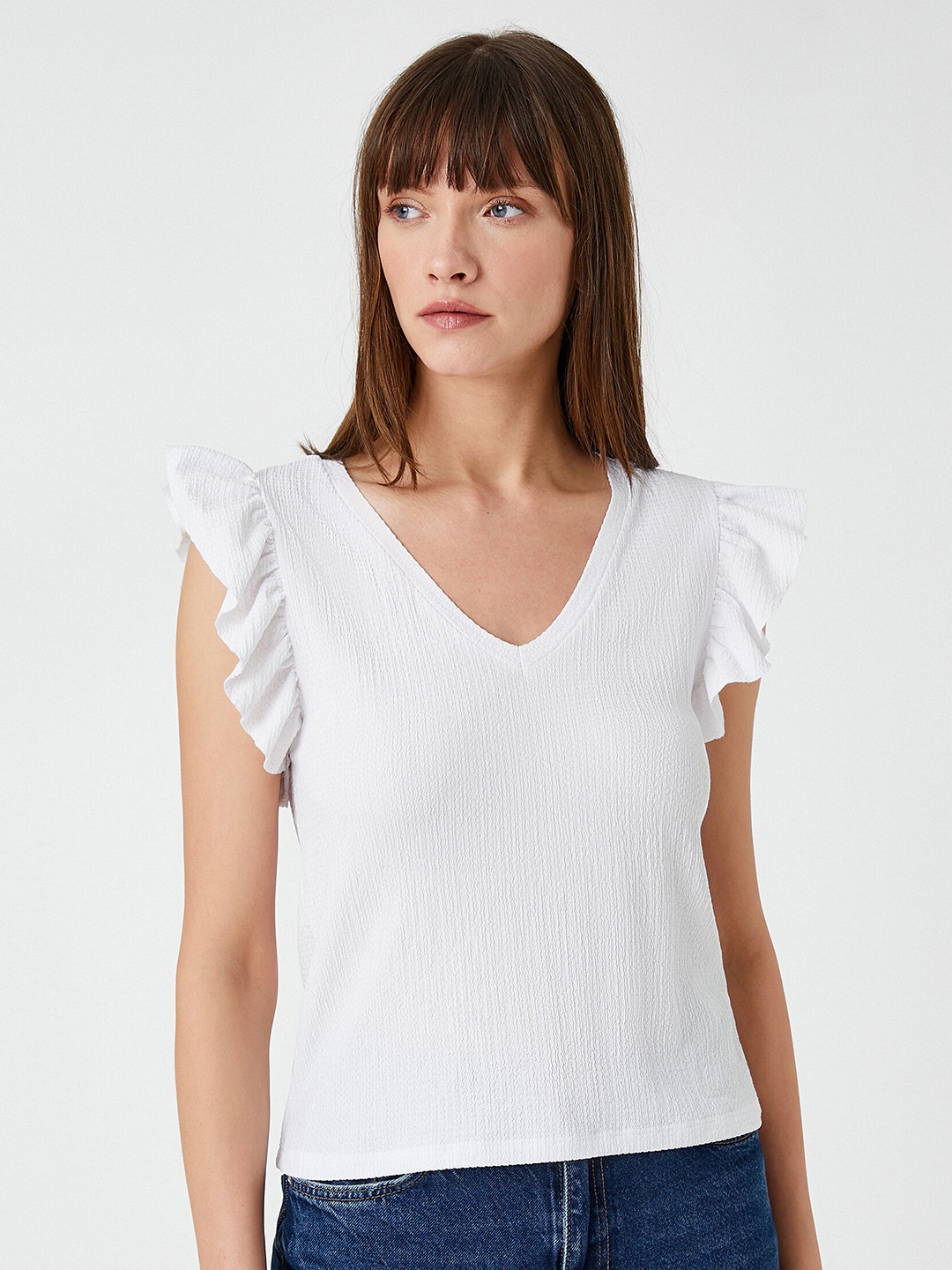 

Koton V-Neck Extended Sleeves T-shirt, White