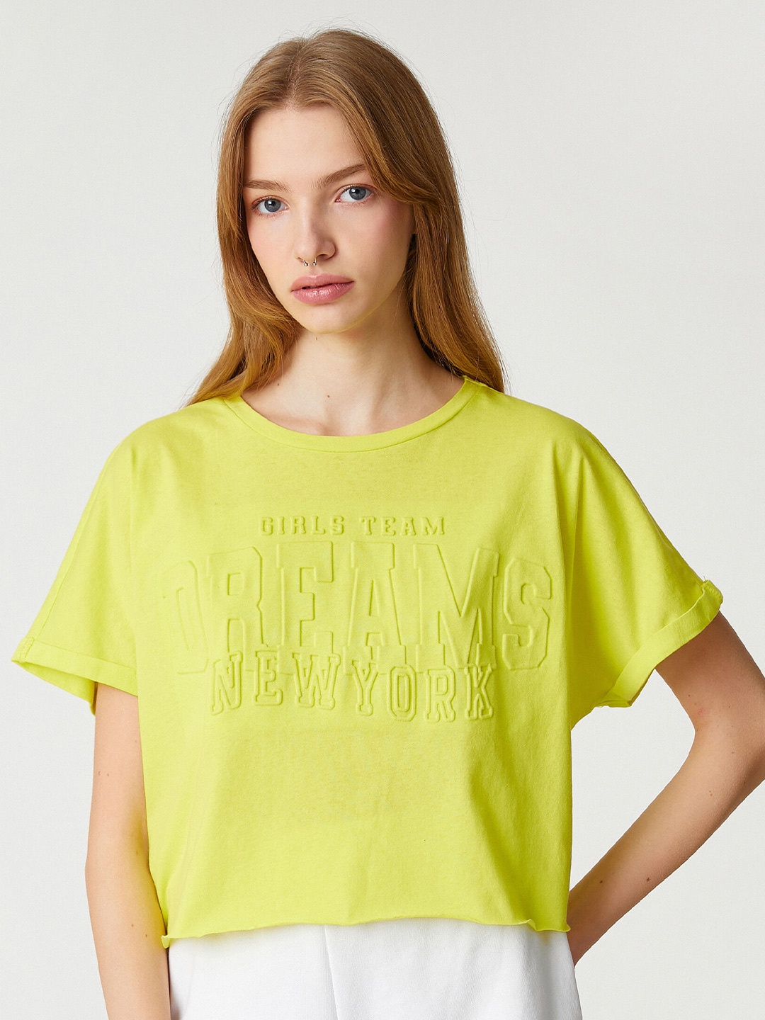 

Koton Typoraphy Printed Extended Sleeves Pure Cotton Loose T-shirt, Yellow