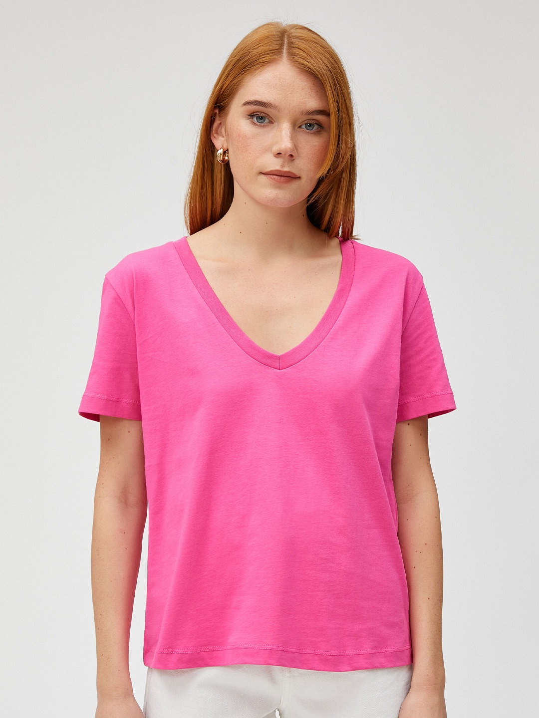 

Koton V-Neck Pue Cotton T-shirt, Fuchsia