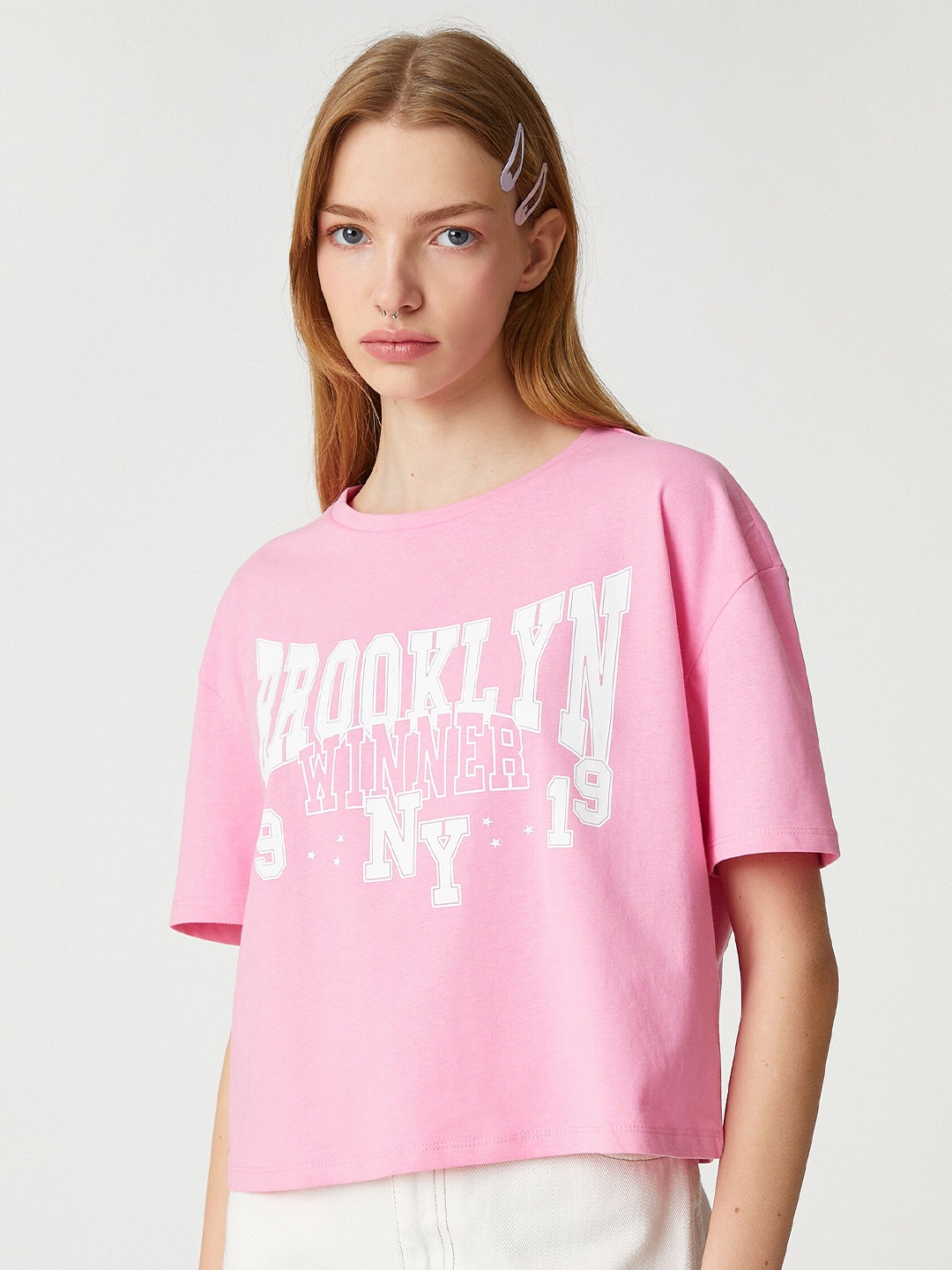 

Koton Typography Printed Drop Shoulder Sleeves Pure Cotton T-shirt, Pink