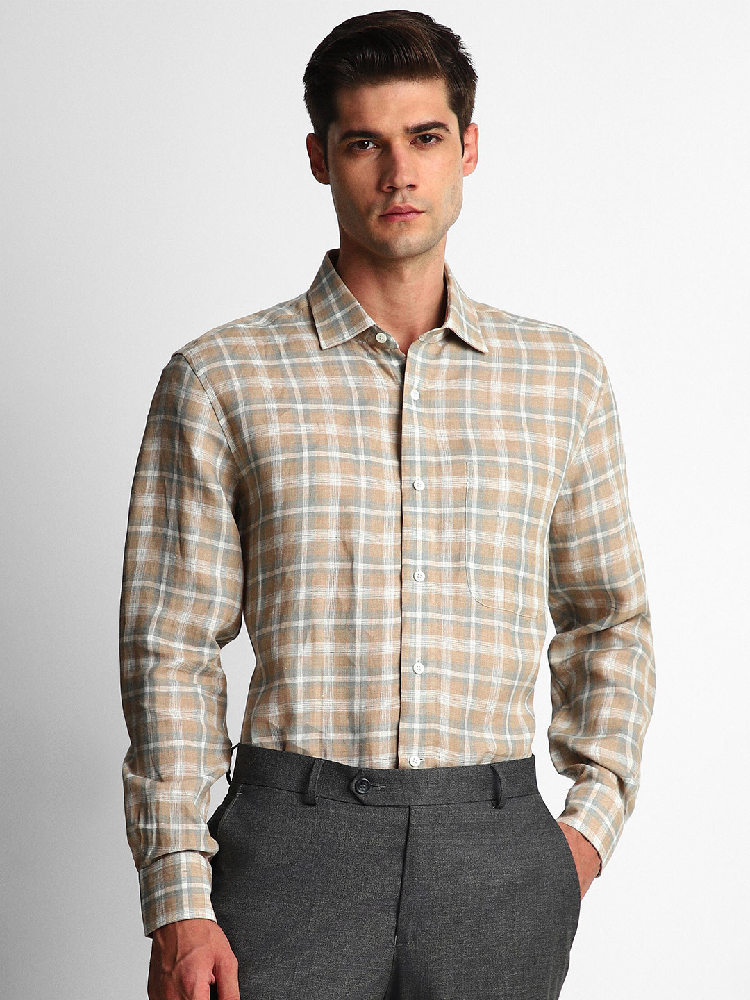 

Luxure by Louis Philippe Slim Fit Tartan Checks Pure Linen Formal Shirt, Beige
