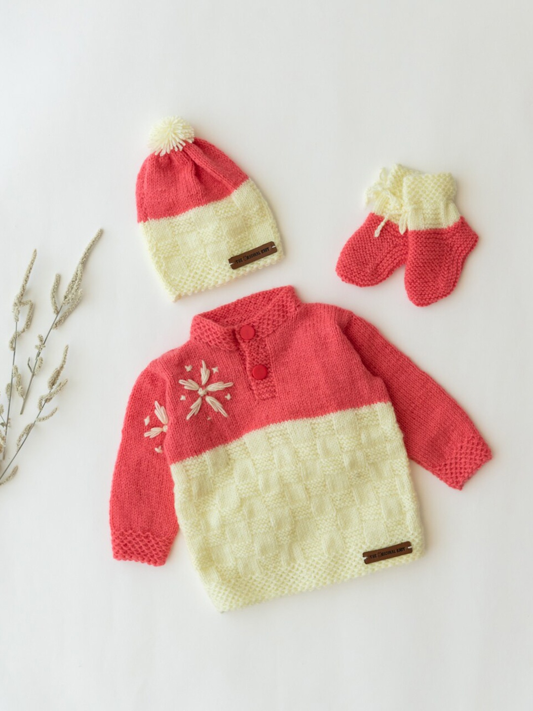 

The Original Knit Infant Kids Floral Embroided Colourblocked Acrylic Pullover Sweater Set, Pink