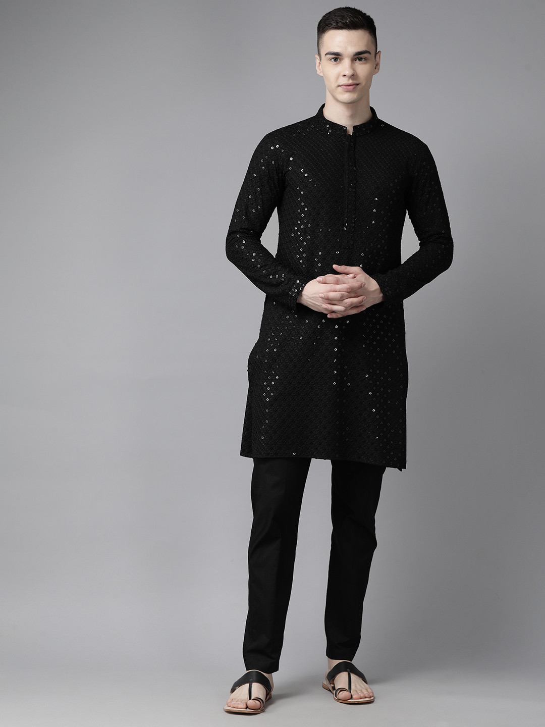 

See Designs Men Floral Embroidered Regular Sequinned Kurta with Pyjamas, Black
