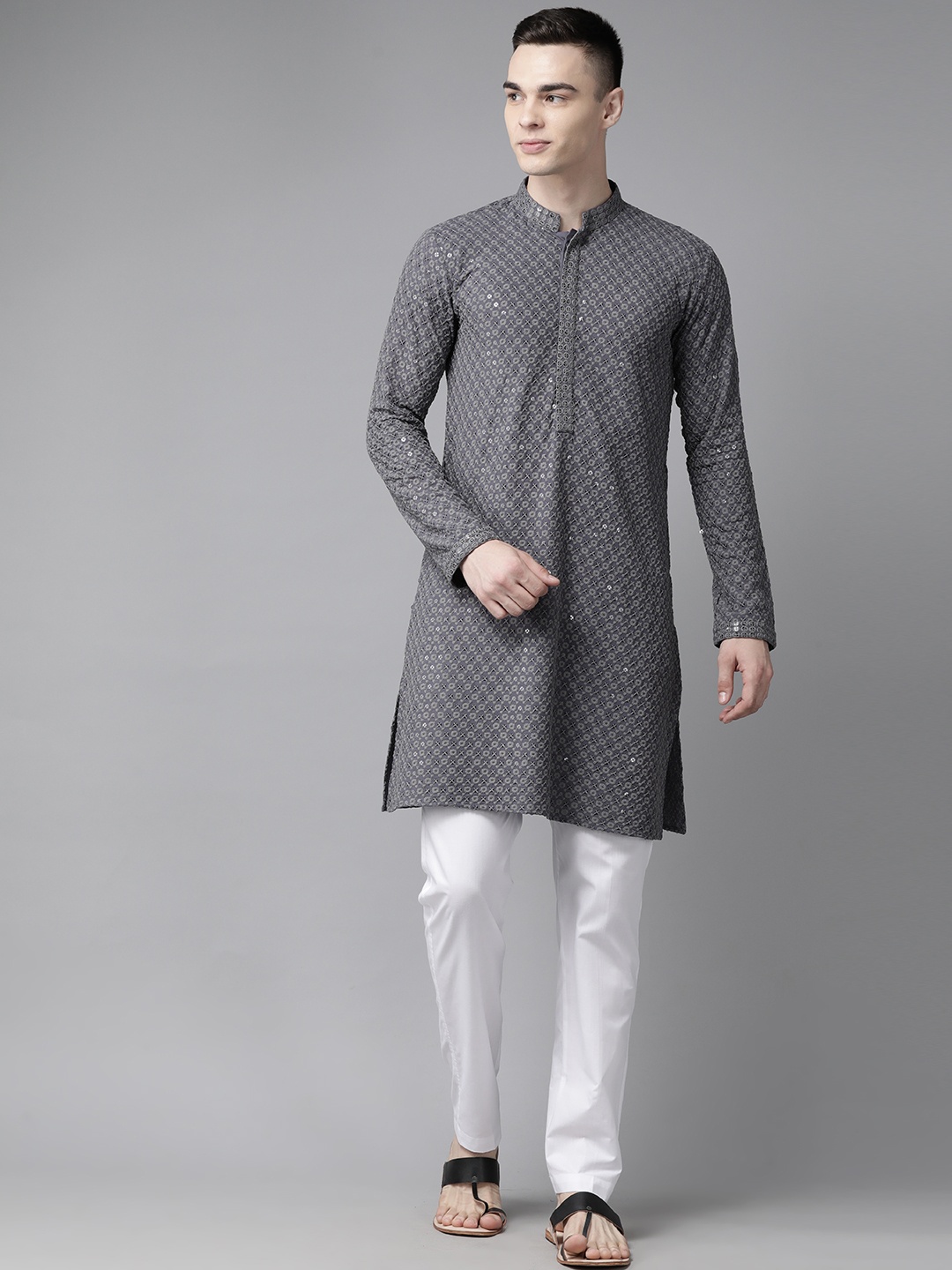 

See Designs Men Floral Embroidered Regular Sequinned Kurta with Pyjamas, Grey