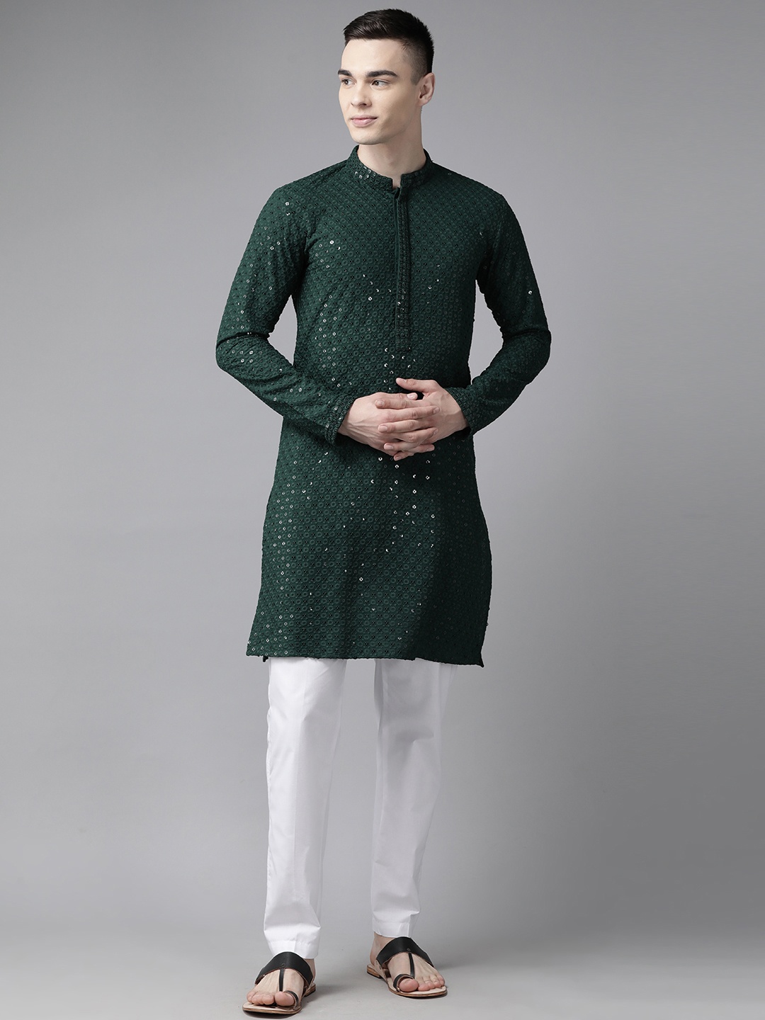 

See Designs Men Floral Embroidered Regular Sequinned Kurta with Pyjamas, Green