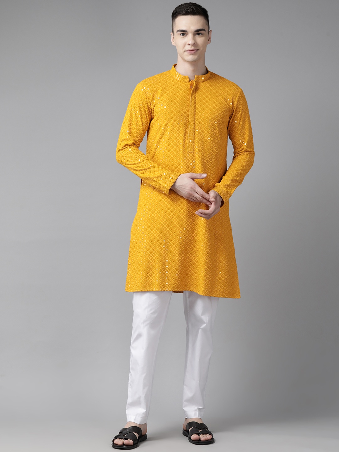 

See Designs Men Floral Embroidered Regular Sequinned Kurta with Pyjamas, Mustard