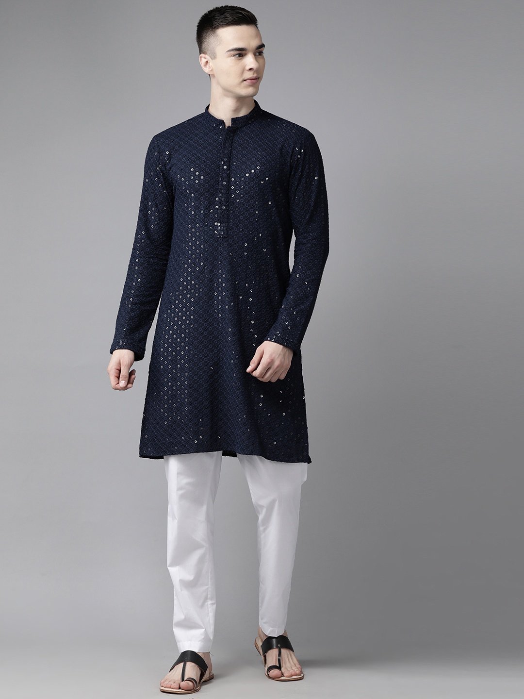 

See Designs Men Floral Embroidered Regular Sequinned Kurta with Pyjamas, Navy blue
