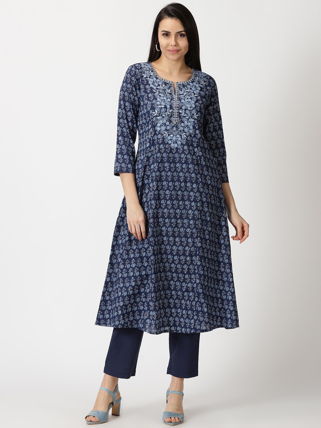 

Saffron Threads Floral Printed Thread Work Detail Yoke Design Pure Cotton A-Line Kurta, Navy blue