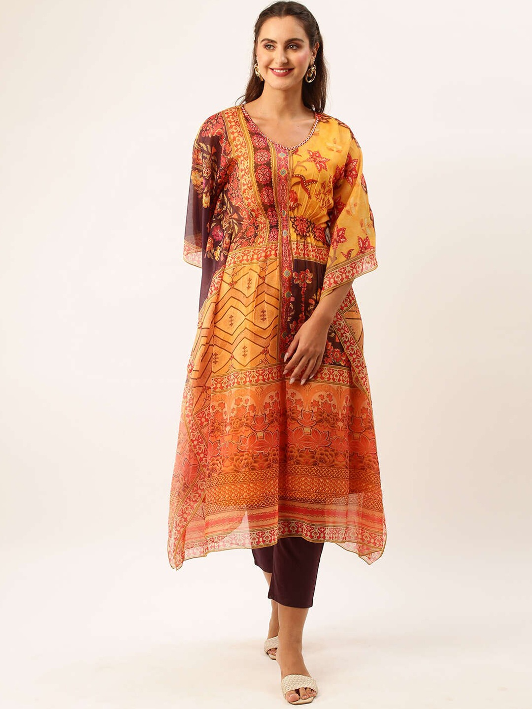

ZOLA Yellow Floral Printed V-Neck Kaftan Kurta & Trousers With Camisole