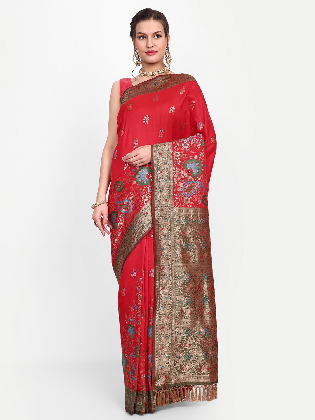 

Dhyey Fashion Ethnic Motif Woven Design Zari Banarasi Saree, Red