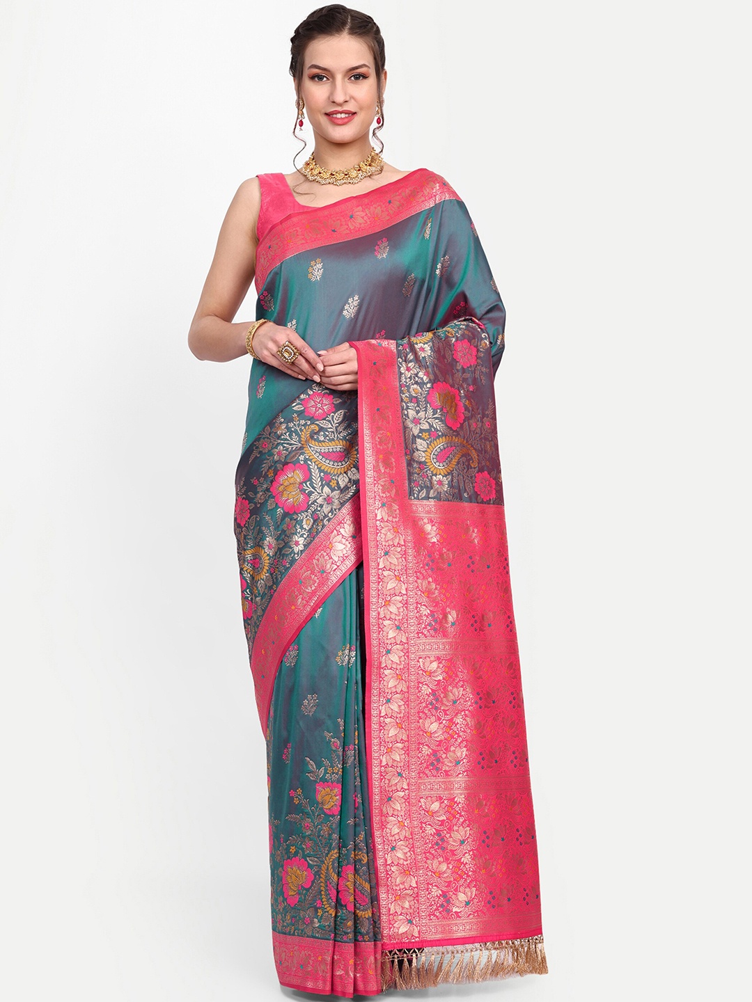 

Dhyey Fashion Ethnic Motif Woven Design Zari Banarasi Saree, Teal
