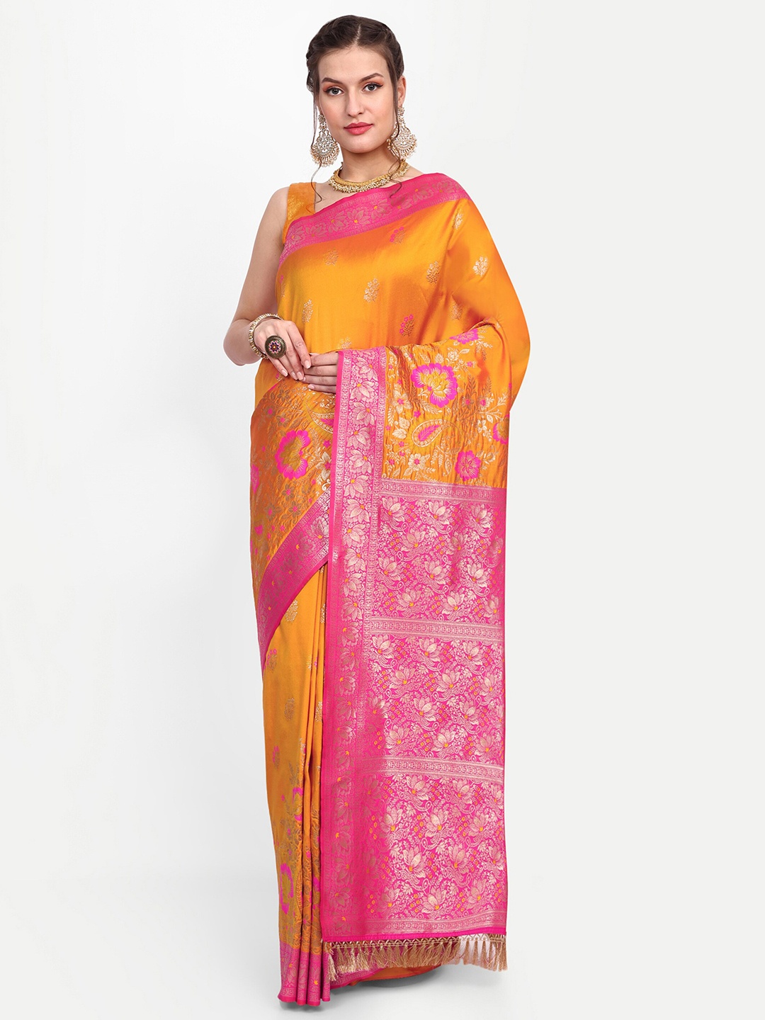 

Dhyey Fashion Ethnic Motif Woven Design Zari Banarasi Saree, Yellow