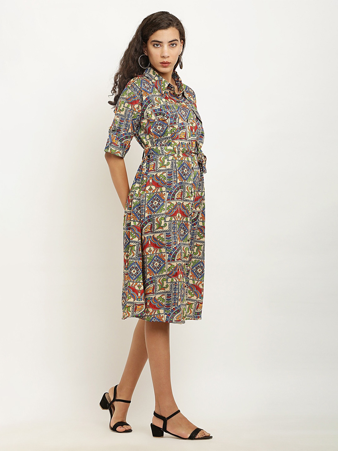 

borse lele Ethnic Motifs Embroidered Cotton Shirt Dress, Cream