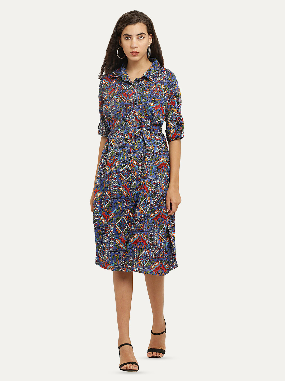 

borse lele Ethnic Motifs Embroidered Cotton Shirt Dress, Blue