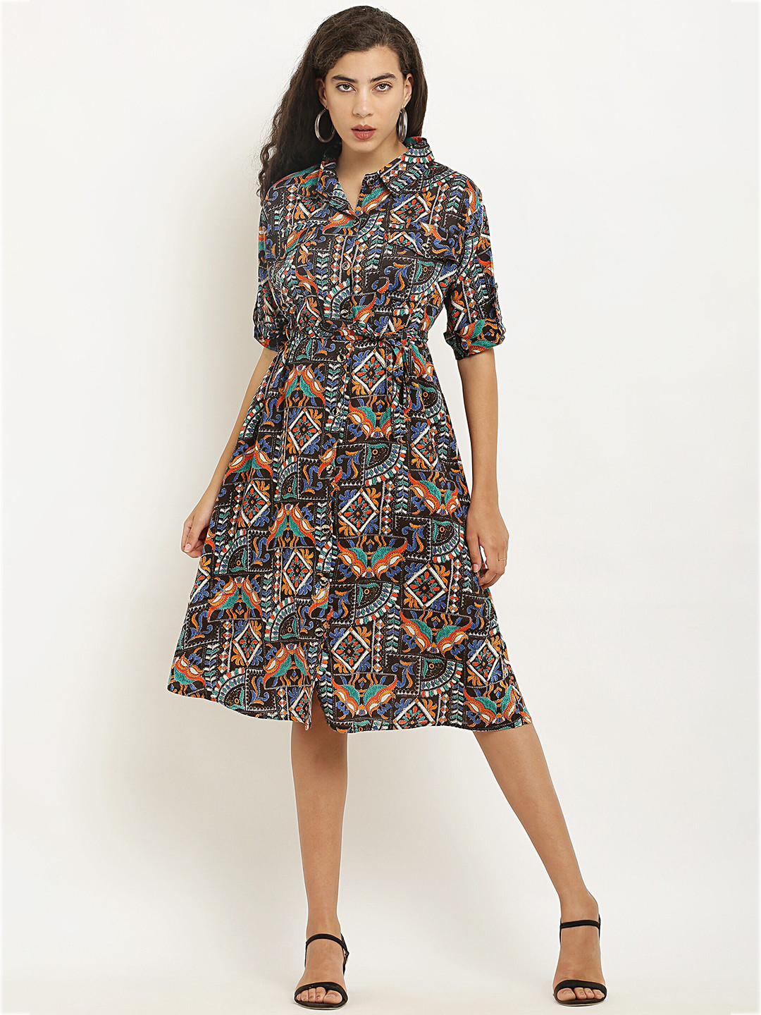 

borse lele Ethnic Motifs Embroidered Roll-Up Sleeves Cotton Shirt Dress, Brown