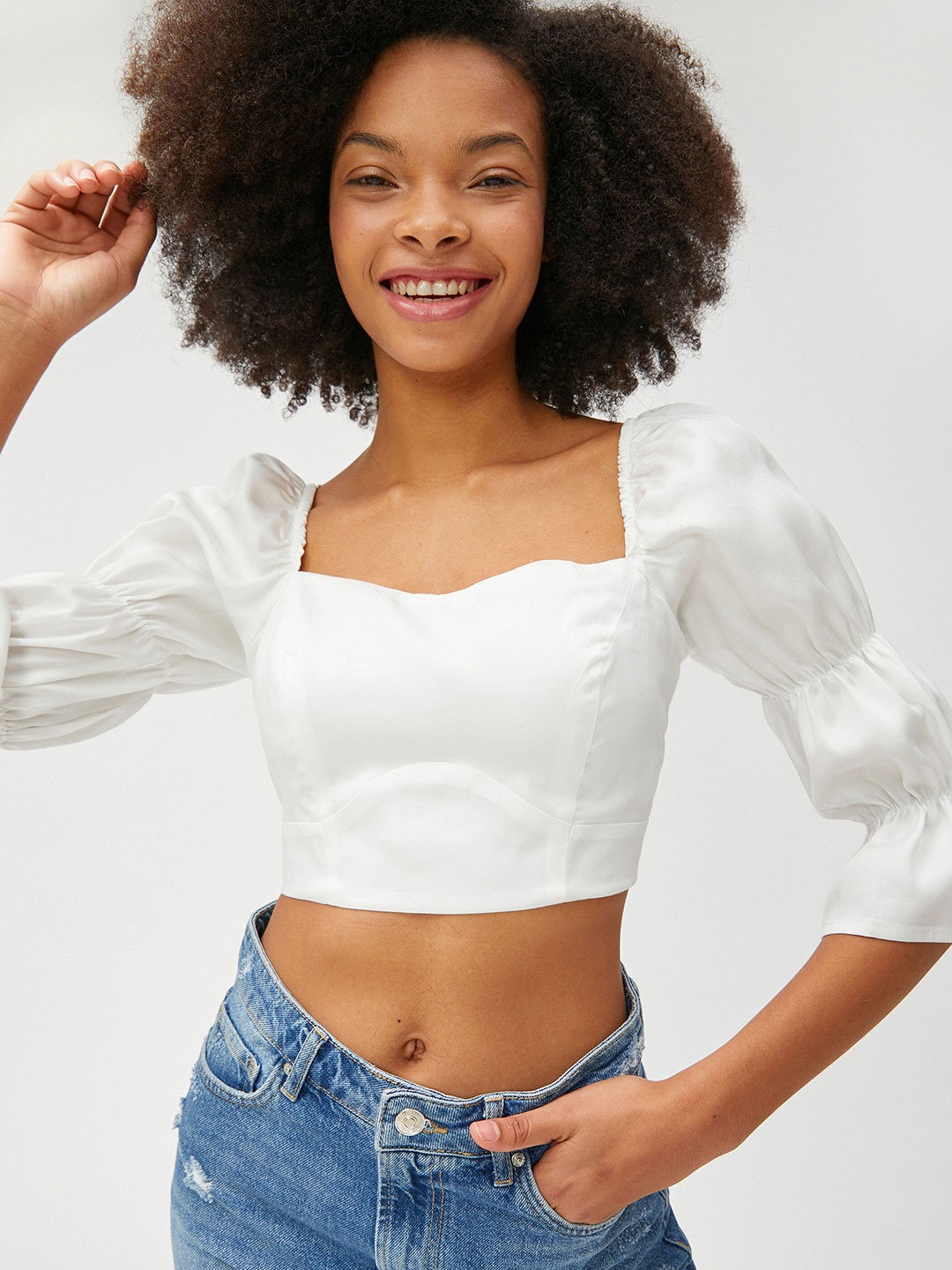 

Koton Square Neck Puff Sleeves Crop Top, White