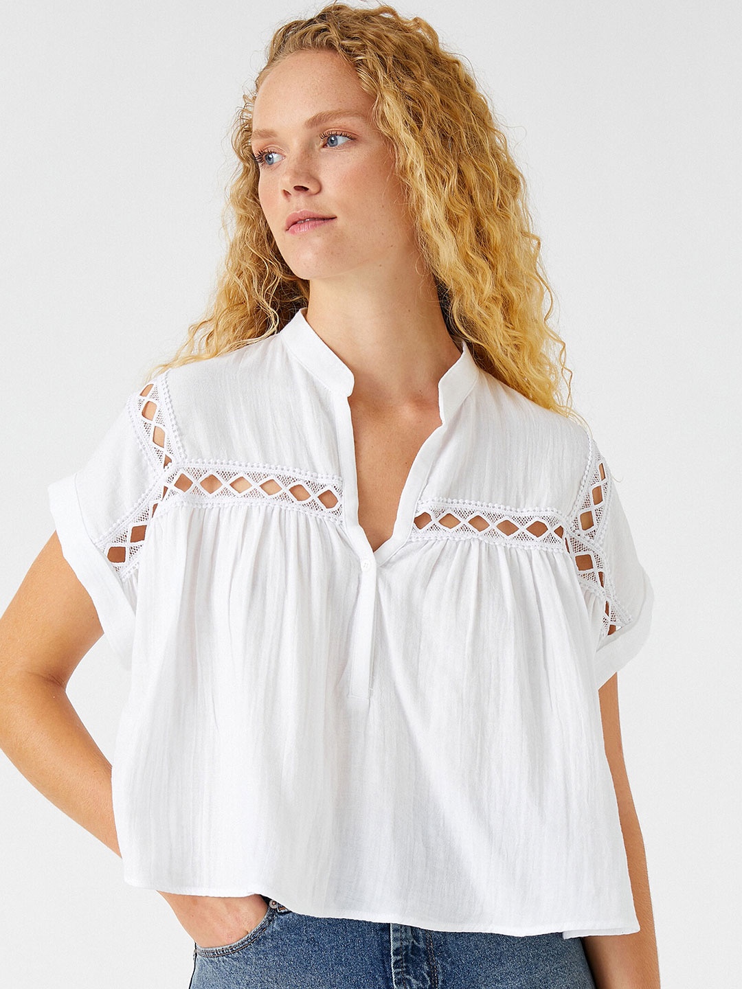 

Koton Mandarin Collar Extended Sleeves Cut Out Pure Cotton Top, White