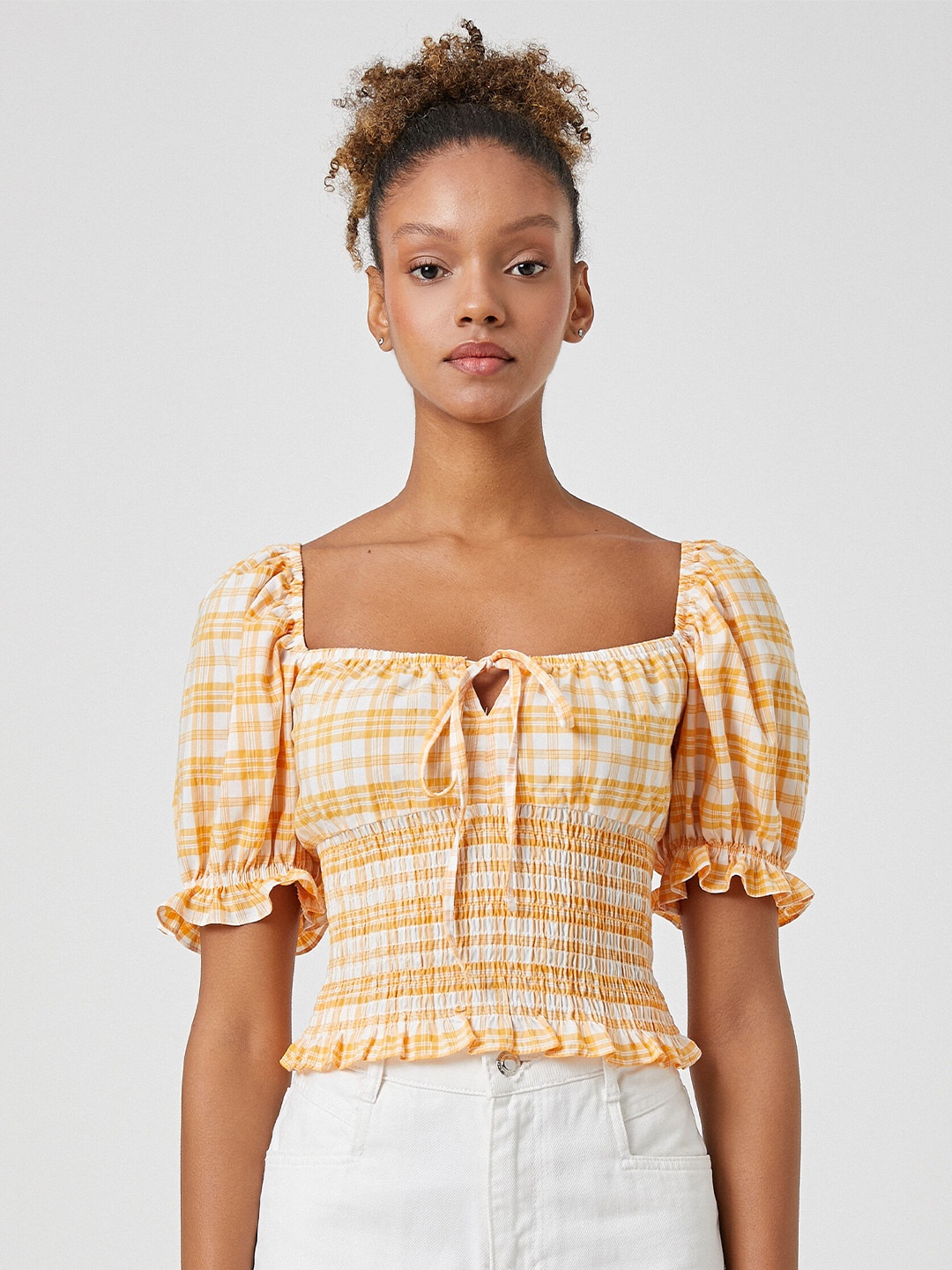 

Koton Checked Square Neck Puff Sleeves Tie-Up Crop Top, Orange