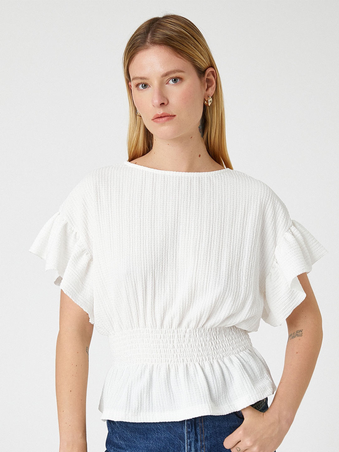 

Koton Extended Sleeves Gathered Cinched Waist Top, White