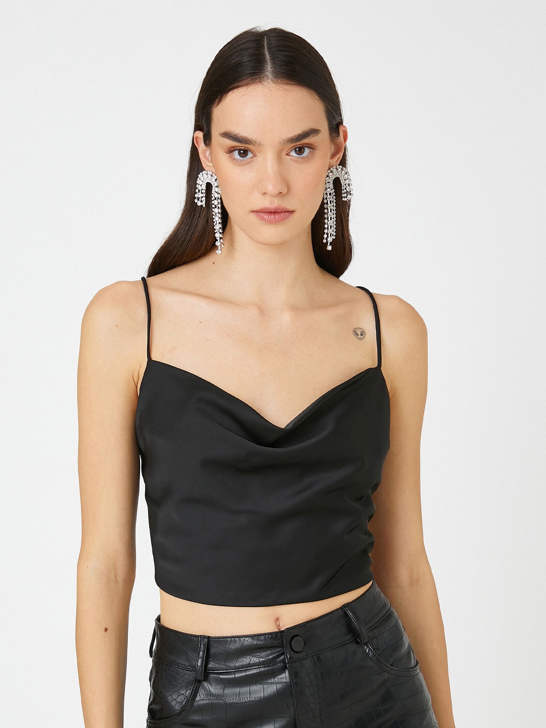 

Koton Cowl Neck Shoulder straps Styled Black Top