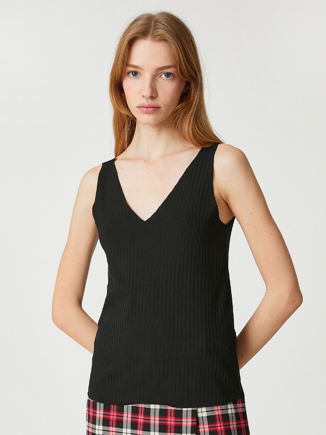 

Koton V-Neck Ribbed Tank Top, Black