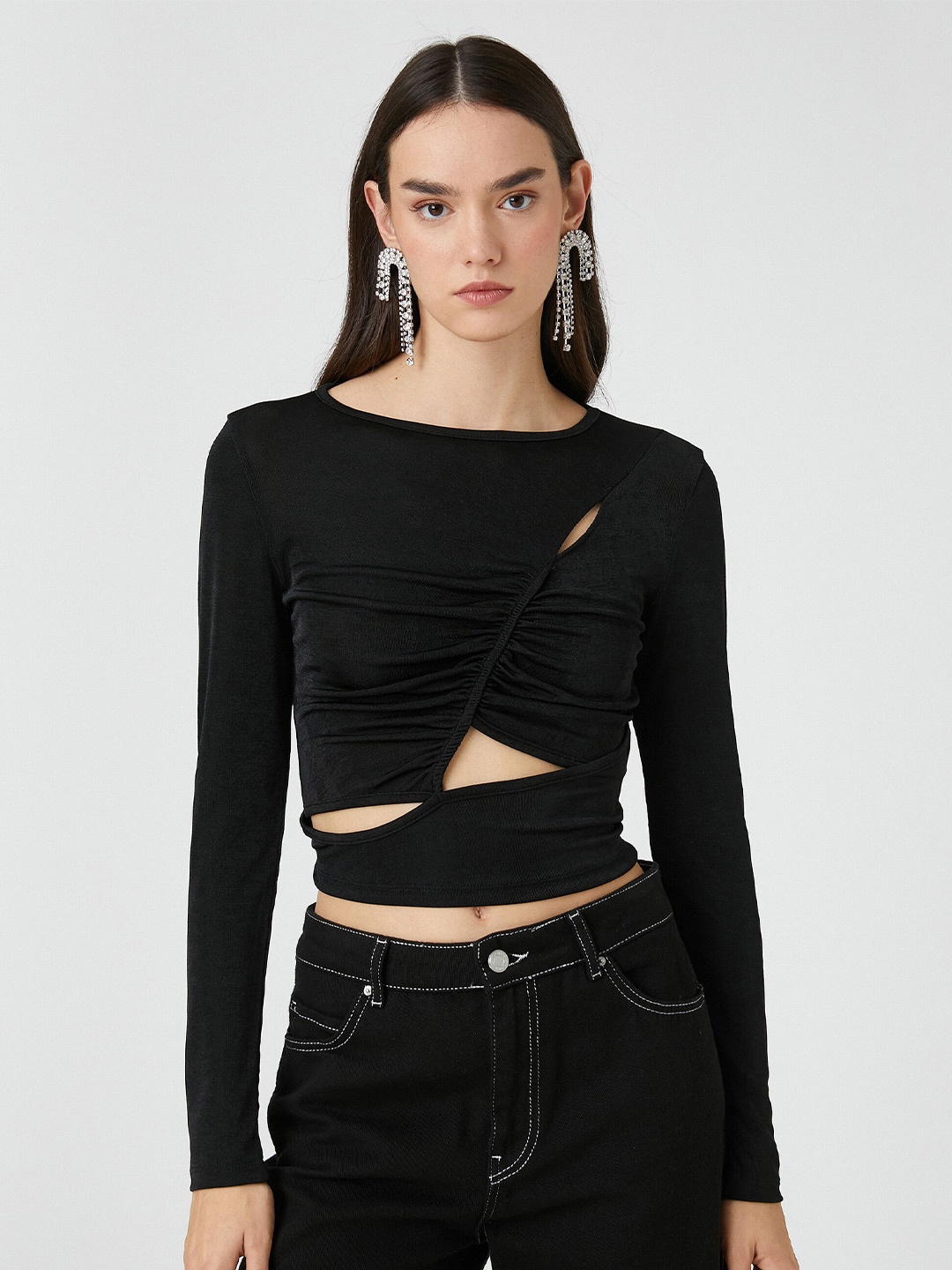 

Koton Long Sleeves Cut Out Fitted Crop Top, Black