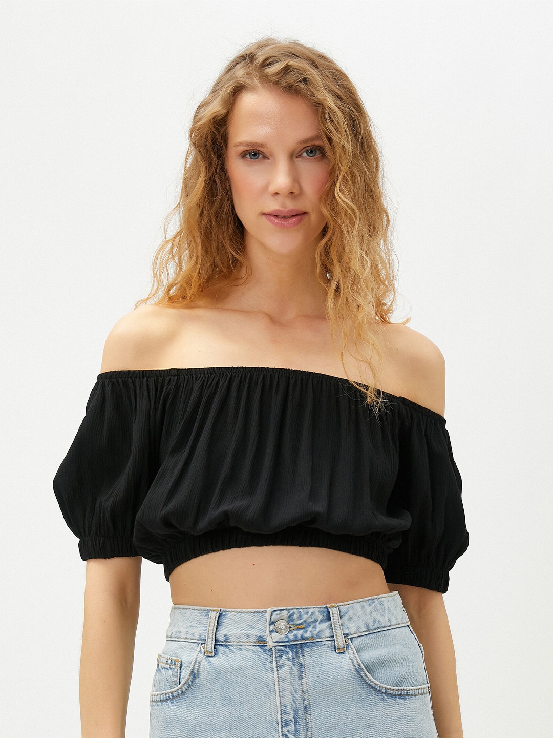 

Koton Off-Shoulder Puff Sleeve Bardot Crop Top, Black
