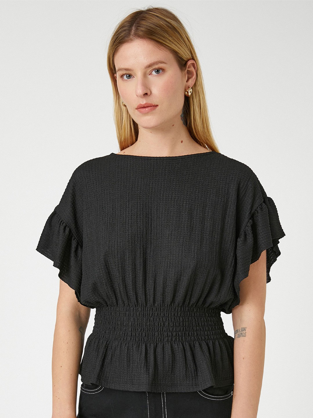 

Koton Boat Neck Flutter Sleeve Smocked Cinched Waist Top, Black