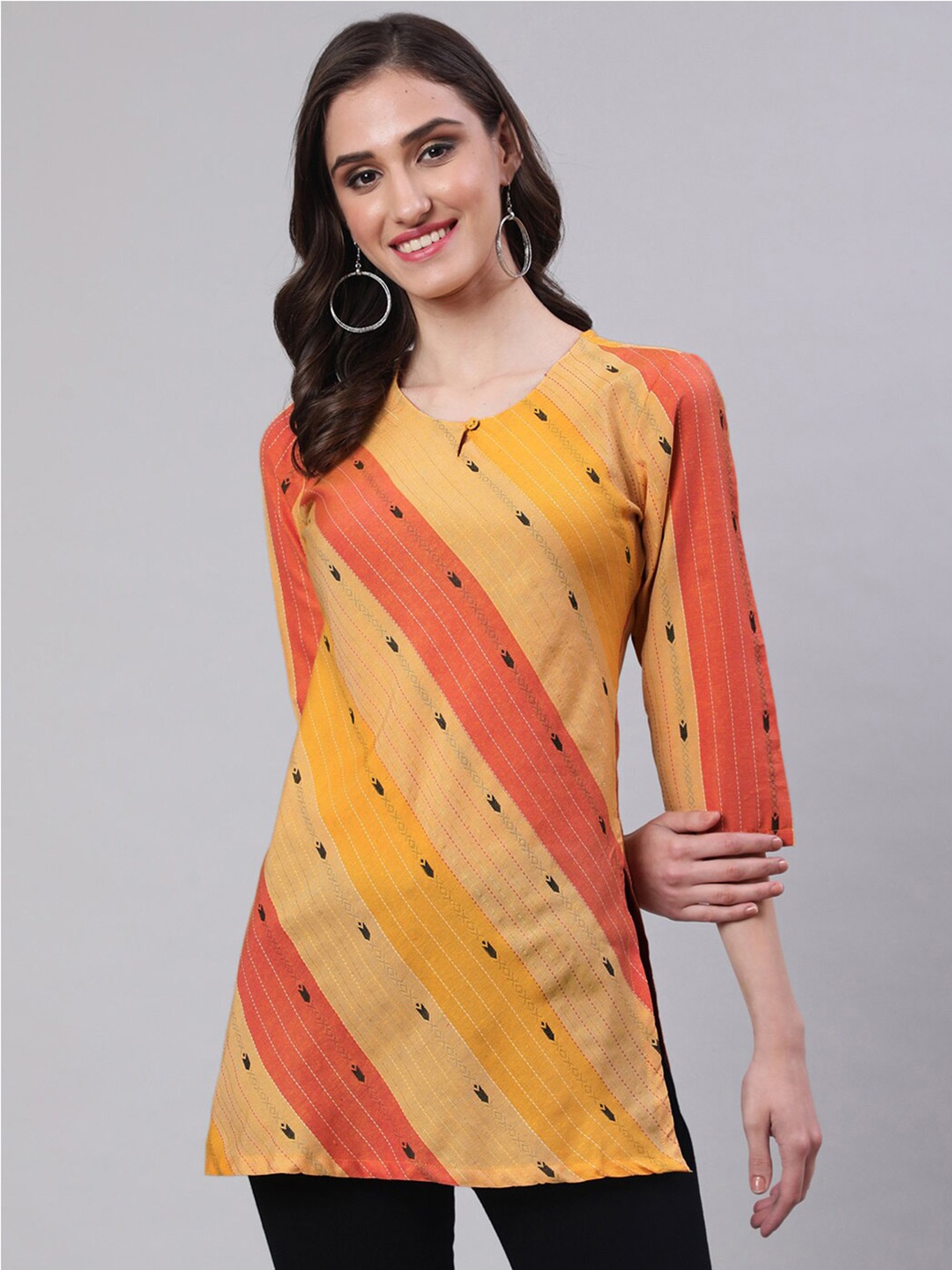 

AKIMIA Striped Pure Cotton Jacquard Kurti, Yellow