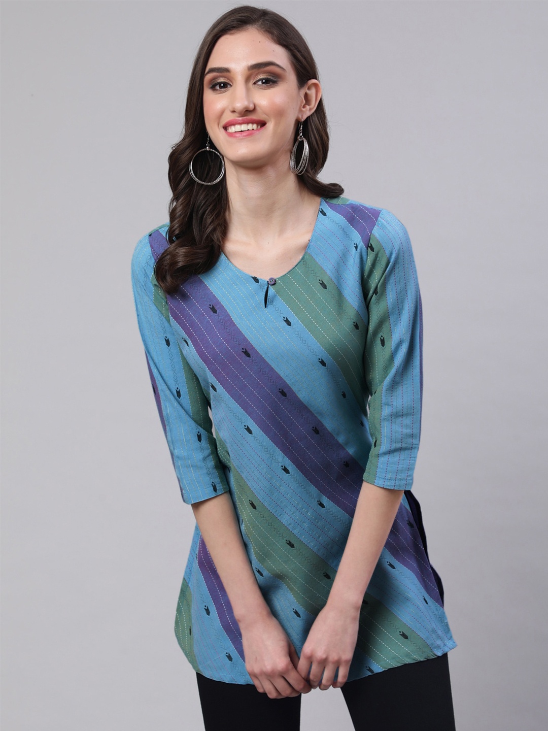 

AKIMIA Striped Pure Cotton Jacquard Kurti, Blue