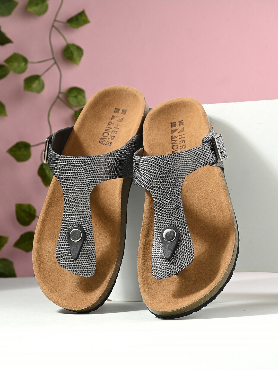 

HERE&NOW Silver-Toned Textured T-Strap Flats