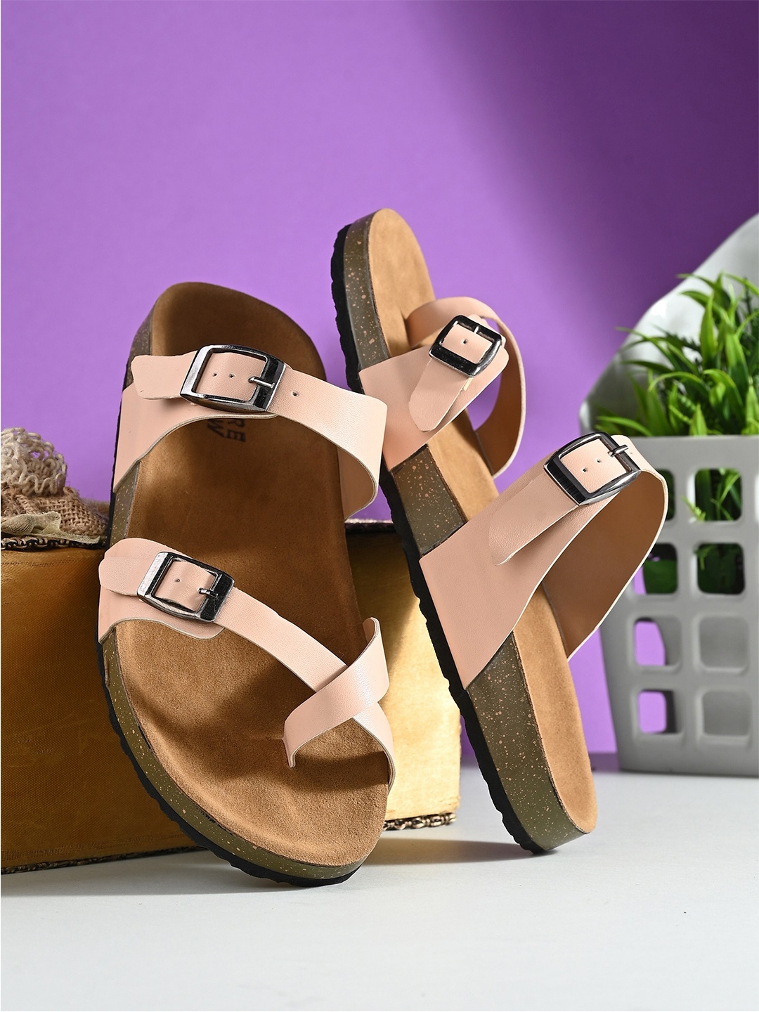 

HERE&NOW Peach-Coloured & Brown Open One Toe Flats With Buckle Detail