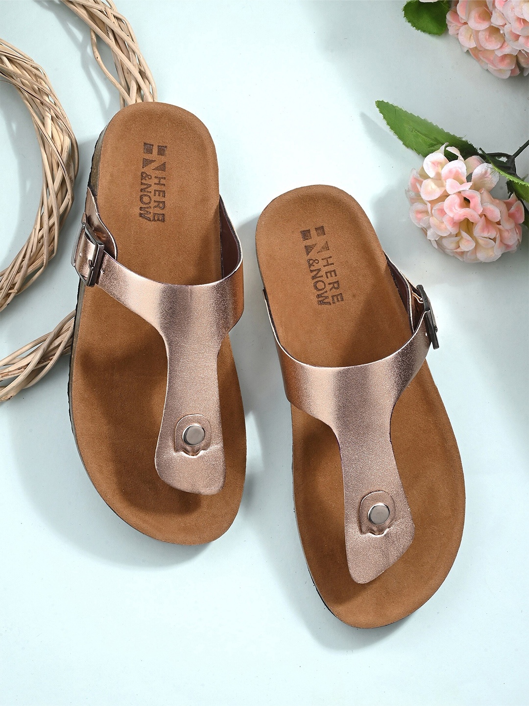 

HERE&NOW Gold-Toned Textured T-Strap Flats