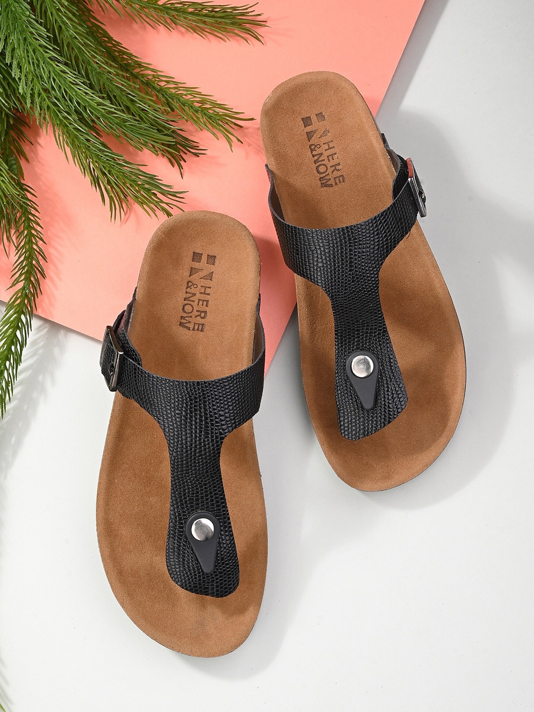 HERE&NOW Black Textured T-Strap Flats