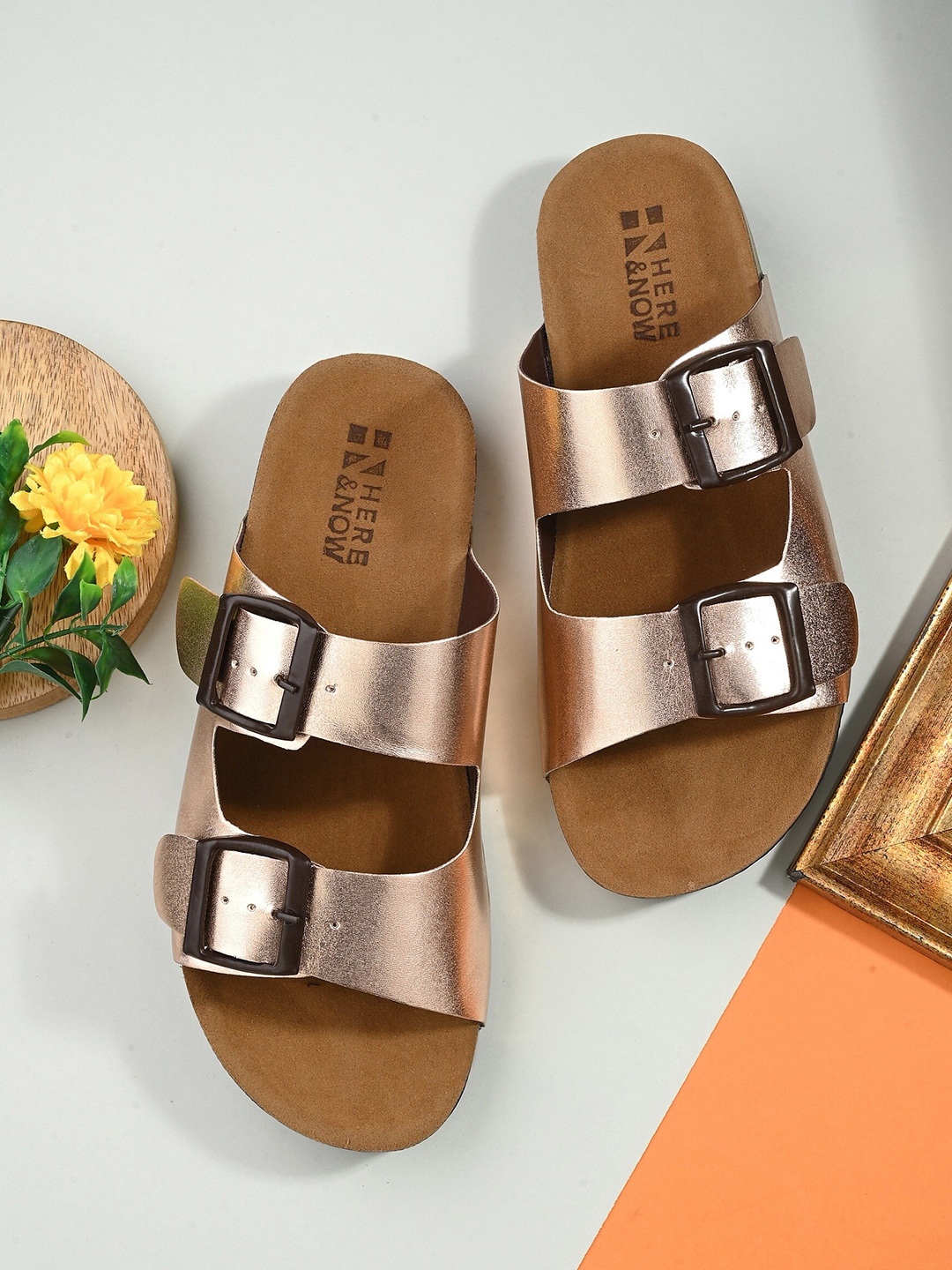 

HERE&NOW Gold-Toned & Brown Two Strap Open Toe Flats With Buckle Detail